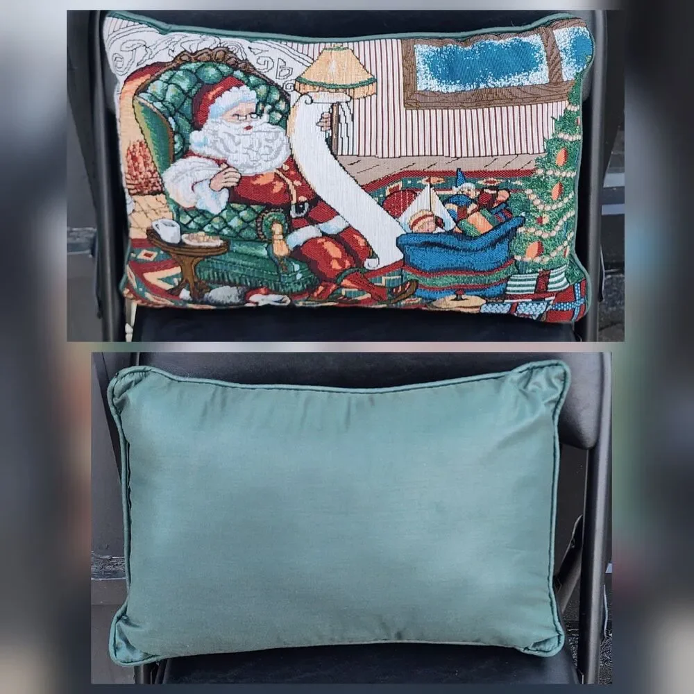 VTG Christmas Santa Claus Woven Tapestry Throw Pillow Checking Naughty Nice List